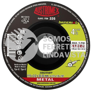 335 DISCO CON CENTRO DEPRIMIDO PARA CORTE DE METAL IMPERIAL TIPO 42 GRANO 24 (4-1/2"X1/8"X7/8") AUSTROMEX