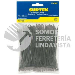 114201 CINCHOS PLASTICOS 100 X 2.5 MM, TENSION 8 KG DE 100 PIEZAS, COLOR NEGRO SURTEK