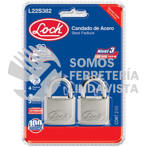 L22S382 JUEGO DE 2 CANDADOS DE ACERO CORTOS 38 MM, LLAVE ESTANDAR LOCK