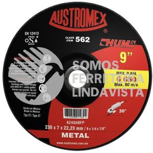 562 DISCO CON CENTRO DEPRIMIDO PARA DESBASTE DE METAL HUM TIPO 27 GRANO 24 (9"X1/4"X7/8") AUSTROMEX