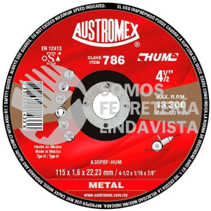 786 DISCO PARA CORTE DE METAL HUM TIPO 41 GRANO 30 (4-1/2"X1/16"X7/8") AUSTROMEX