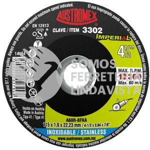 3302 DISCO DE CORTE PARA ACERO INOXIDABLE IMPERIAL TIPO 41 GRANO 60 (4-1/2"X0 04X7/8") AUSTROMEX