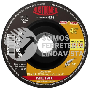 525 DISCO CON CENTRO DEPRIMIDO PARA DESBASTE DE METAL KREATOR TIPO 27 GRANO 24 (4-1/2"X1/4"X7/8") AUSTROMEX