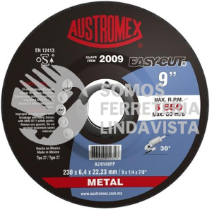 2009 DISCO PARA DESBASTE DE METAL CON CENTRO DEPRIMIDO EASY-CUT TIPO 27 GRANO 24 (9"X1/4"X7/8") AUSTROMEX
