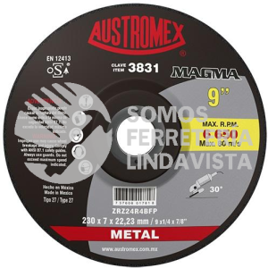 3831 DISCO CON CENTRO DEPRIMIDO PARA DESBASTE DE METAL MAGMA TIPO 27 GRANO 24 (9"X1/4"X7/8") AUSTROMEX