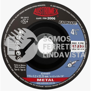 2006 DISCO CON CENTRO DEPRIMIDO PARA CORTE DE METAL EASY-CUT TIPO 42 GRANO 24 (4-1/2"X1/8"X7/8") AUSTROMEX