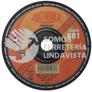 881 DISCO CON CENTRO DEPRIMIDO PARA CORTE DE METAL PREMIUM TIPO 42 GRANO 46 (7"X0 045"X7/8") AUSTROMEX