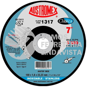 1317 DISCO PARA CORTE DE METAL CLASICA TIPO 41 GRANO 60 (7"X1/16"X7/8") AUSTROMEX