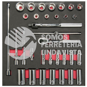 CH201 JUEGO DE DADOS CORTOS, LARGOS Y ACCESORIOS CUADRO DE 3/8" EN PULGADAS, 35 PIEZAS URREA