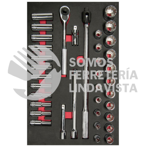 CH311 JUEGO DE DADOS CORTOS Y LARGOS Y ACCESORIOS CUADRO DE 1/2" METRICOS, 37 PIEZAS URREA