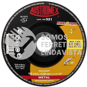 521 DISCO CON CENTRO DEPRIMIDO PARA DESBASTE DE METAL KREATOR TIPO 27 GRANO 24 (4"X1/4"X5/8") AUSTROMEX