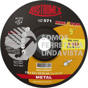 571 DISCO CON CENTRO DEPRIMIDO PARA CORTE DE METAL KREATOR TIPO 42 GRANO 24 (9"X1/8"X7/8") AUSTROMEX