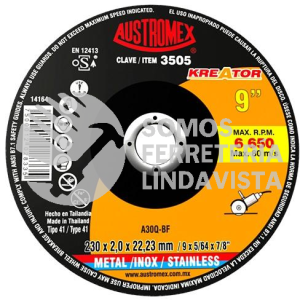 3505 DISCO DE CORTE 2 EN 1 PARA ACERO AL CARBON Y ACERO INOXIDABLE KREATOR TIPO 41 GRANO 30 (9"X5/64"X7/8") AUSTROMEX