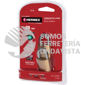 43426 CL-25 BLISTER CON 2 CANDADOS DE LATON DE 25MM CON GANCHO CORTO HERMEX