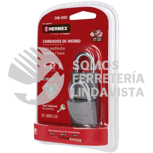 43790 CHB-25X2 BLISTER CON 2 CANDADOS DE HIERRO DE 25MM CON GANCHO CORTO HERMEX