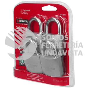 43333 CH-38X4 BLISTER CON 4 CANDADOS DE HIERRO DE 38MM CON GANCHO CORTO HERMEX