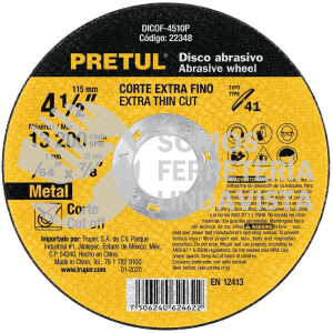 22348 DICOF-4510P DISCO TIPO 41 DE 4-1/2" X 1 MM CORTE FINO DE METAL PRETUL