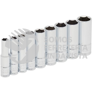 47202 JUEGO DE DADOS LARGOS METRICOS CUADRO DE 1/4", 6 PUNTAS, EN RIEL, 9 PIEZAS URREA