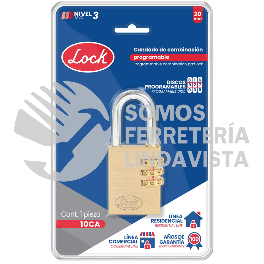 10CA CANDADO DE COMBINACION PROGRAMABLE PARA MALETA, LATON, 20 MM LOCK