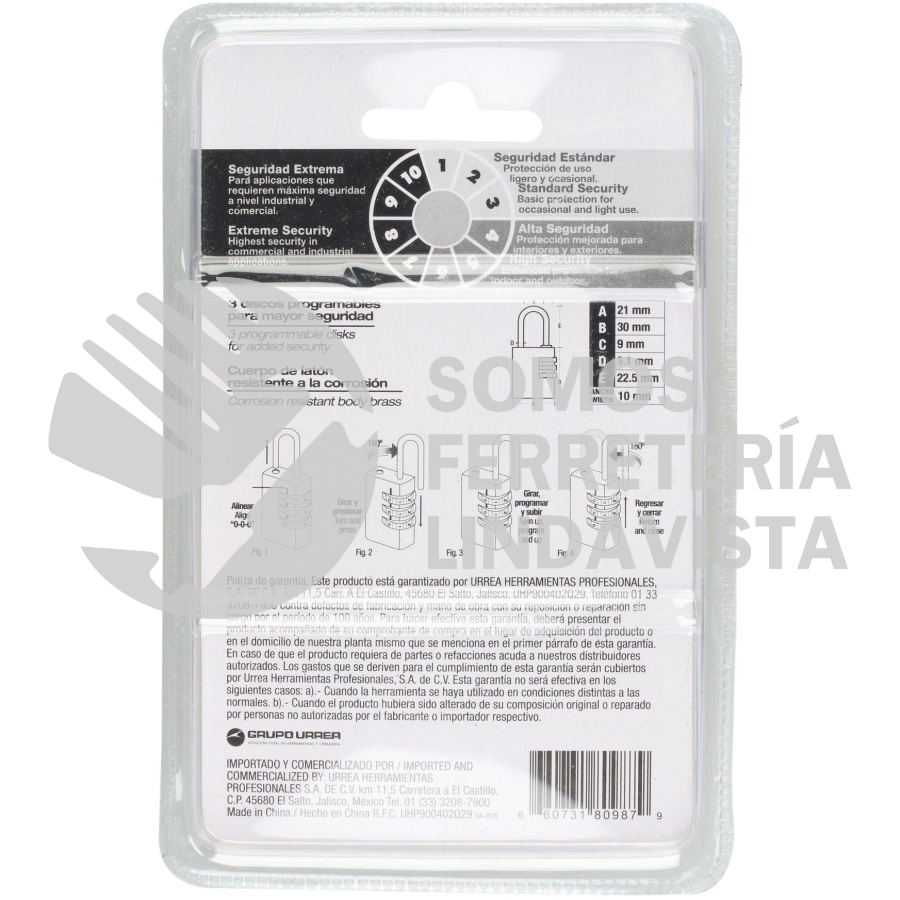 10CA CANDADO DE COMBINACION PROGRAMABLE PARA MALETA, LATON, 20 MM LOCK
