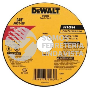 DW8062Z DISCO ULTRA DELGADO DE CORTE PARA METALES Y ACERO INOXIDABLE 4 1/2X0,045X7/8, 115X1 14X22MM TIPO 41 MAX RPM: 13,300 A60T DEWALT