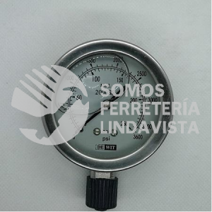 2000SSV637 MANOMETRO 2-1/2" 63MM, 1/4" NPT RANGO 0-3600 PSI, 0-250 BAR CONEXION AI 316 CRISTAL INASTILLABLE, LLENO DE GLICERINA DEWIT