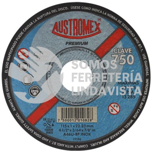 750 DISCO SUPER PRECISO PARA CORTE DE ACERO INOXIDABLE PREMIUM TIPO 41 GRANO 46 (4-1/2"X3/64"X7/8") AUSTROMEX
