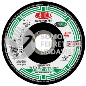 754 DISCO CON CENTRO DEPRIMIDO PARA CORTE DE PIEDRA CLASICA TIPO 42 GRANO 36 (4-1/2"X1/8"X7/8") AUSTROMEX