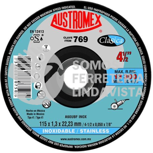 769 DISCO SUPER PRECISO PARA CORTE DE ACERO INOXIDABLE CLASICA TIPO 41 GRANO 60 (4-1/2"X0 04"X7/8") AUSTROMEX