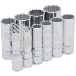 52107 JUEGO DE DADOS LARGOS CUADRO DE 3/8", 12 PUNTAS EN PULGADAS EN RIEL, 10 PIEZAS URREA