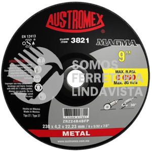 3821 DISCO CON CENTRO DEPRIMIDO PARA DESBASTE DE METAL MAGMA TIPO 27 GRANO 24 (9"X5/32"X7/8") AUSTROMEX