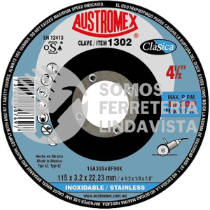 1302 DISCO CON CENTRO DEPRIMIDO PARA CORTE DE ACERO INOXIDABLE CLASICA TIPO 42 GRANO 30 (4-1/2"X1/8"X7/8") AUSTROMEX