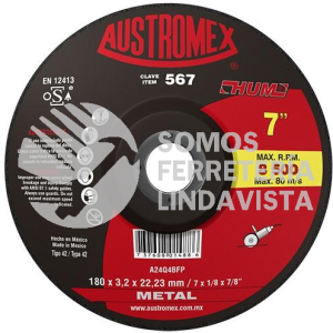 567 DISCO CON CENTRO DEPRIMIDO PARA CORTE DE METAL HUM TIPO 42 GRANO 24 (7"X1/8"X7/8") AUSTROMEX