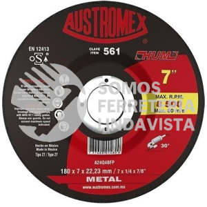561 DISCO CON CENTRO DEPRIMIDO PARA DESBASTE DE METAL TIPO 27 GRANO 24 (7"X1/4"X7/8") AUSTROMEX