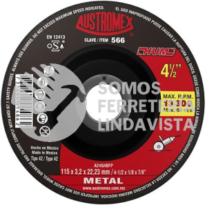 566 DISCO CON CENTRO DEPRIMIDO PARA CORTE DE METAL HUM TIPO 42 GRANO 24 (4-1/2"X1/8"X7/8") AUSTROMEX