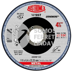 557 DISCO PARA CORTE DE METAL TIPO 27 GRANO 30 (4 1/2"X1/4"X7/8") AUSTROMEX
