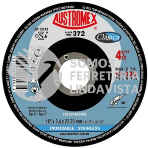 372 DISCO CON CENTRO DEPRIMIDO PARA DESBASTE DE ACERO INOXIDABLE CLASICA TIPO 27 GRANO 30 (4-1/2"X1/4"X7/8") AUSTROMEX