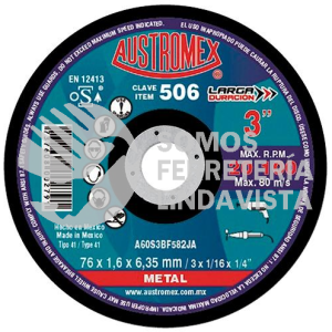 506 DISCO PARA CORTE DE METAL LARGA DURACION TIPO 41 GRANO 60 (3"X1/16"X1/4") AUSTROMEX