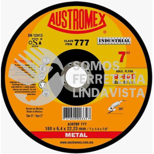 777 DISCO PARA DESBASTE DE METAL TIPO 27 GRANO 30 (7"X1/4"X7/8") AUSTROMEX