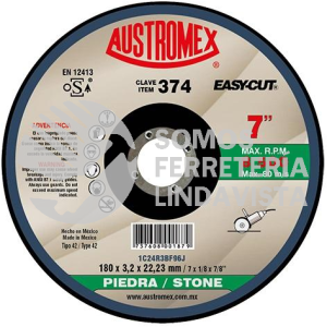 374 DISCO CON CENTRO DEPRIMIDO PARA CORTE DE PIEDRA EASY-CUT TIPO 42 GRANO 24 (7"X1/8"X7/8") AUSTROMEX