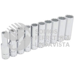 54215 JUEGO DE DADOS LARGOS CUADRO DE 1/2", 12 PUNTAS, METRICOS, EN RIEL, 10 PIEZAS URREA