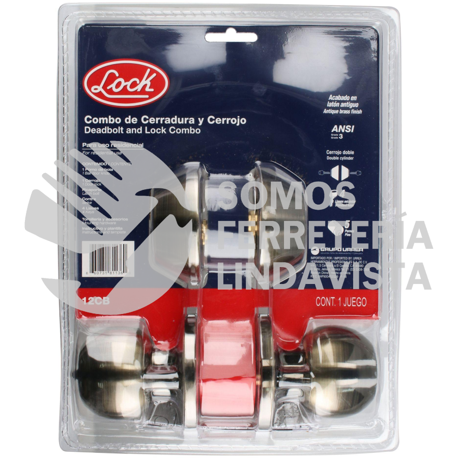 12CB COMBO DE POMO BOLA FUNCION DOBLE, LATON ANTIGUO, LLAVE ESTANDAR, BLISTER LOCK