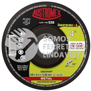 328 DISCO CON CENTRO DEPRIMIDO PARA DESBASTE DE METAL IMPERIAL TIPO 27 GRANO 24 (4"X1/4"X5/8") AUSTROMEX