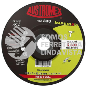 333 DISCO CON CENTRO DEPRIMIDO PARA DESBASTE DE METAL IMPERIAL TIPO 27 GRANO 24 (7"X1/4"X7/8") AUSTROMEX
