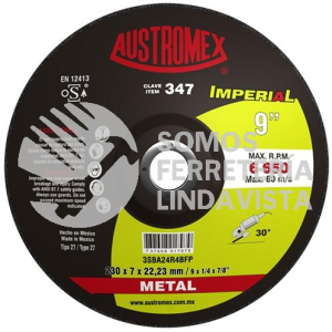 347 DISCO CON CENTRO DEPRIMIDO PARA DESBASTE DE METAL IMPERIAL TIPO 27 GRANO 24 (9"X1/4"X7/8") AUSTROMEX