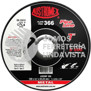 366 DISCO CON CENTRO DEPRIMIDO PARA DESBASTE DE METAL PIPE LINE TIPO 27 GRANO 30 (7"X5/32"X7/8") AUSTROMEX