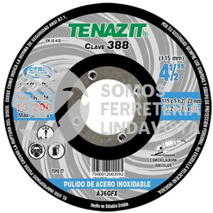 388 DISCO CON CENTRO DEPRIMIDO PARA PULIDO DE ACERO INOXIDABLE TIPO 27 GRANO 36 (4-1/2"X3/16"X7/8") TENAZIT