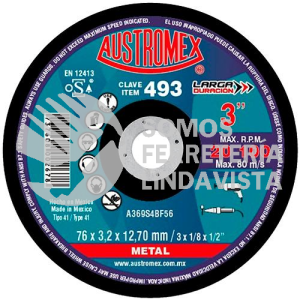 493 DISCO PARA CORTE DE METAL LARGA DURACION TIPO 41 GRANO 369 (3"X1/8"X1/2") AUSTROMEX