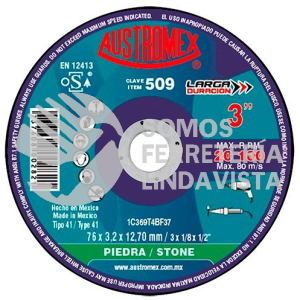 509 DISCO PARA CORTE DE PIEDRA LARGA DURACION TIPO 41 GRANO 369 (3"X1/8"X1/2") AUSTROMEX