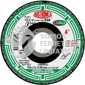 528 DISCO CON CENTRO DEPRIMIDO PARA CORTE DE PIEDRA CLASICA TIPO 42 GRANO 36 (4"X1/8"X5/8") AUSTROMEX